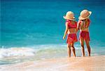 Vue postérieure de deux jeunes filles sur la plage de Hawaï, USA