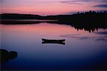 Canoë sur le lac au crépuscule Temagami (Ontario), Canada