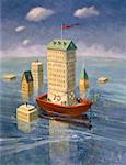Illustration des gens en bateau avec la tour de bureaux dans la ville inondée