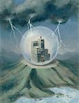 Illustration de la tour de bureaux à bulle sur la montagne avec les nuages d'orage et la foudre