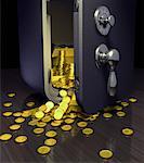 Offenen Safe mit Gold-Barren und Münzen heraus verschüttet