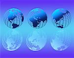 Trois Globes de fil affichant les Continents du monde avec des reflets