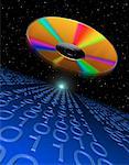 CD Flying Over Binary Code in Space