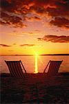 Back View of Deck Chairs on Beach At Sunset, Ottawa River Ottawa, Ontario, Canada