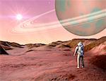 Back View of Astronaut Standing In Alien Landscape