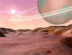 Overview of Alien Landscape with Planet in Sky