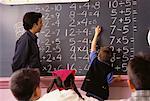 Male Teacher Watching Boy Writing On Blackboard in Classroom