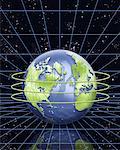 Circuit Board Globe with Rings And Grid in Space North America and Europe