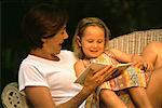 Mother and Daughter Sitting in Chair, Reading Book Outdoors