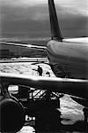 Silhouette of Man Repairing Airplane
