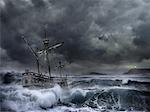 Ship in Stormy Sea with Lighthouse in Distance