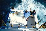 Obenliegende Ansicht der Männer Angeln vom Boot, Golfstrom, Florida, USA