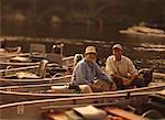 Portrait of Mature Father and Son In Boat, Belgrade Lakes, ME, USA