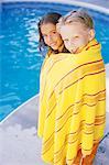 Portrait of Boy and Girl Wrapped In Towel near Swimming Pool