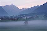 Brouillard sur le domaine à l'aube, Dolomites, Italie