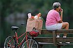 Back View of Mature Woman Sitting On Park Bench with Bike and Bag Of Groceries