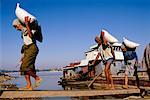 People Carrying Sacks on Bridge By Shore Shwe Kyet Yet Village, Myanmar