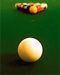Cue Ball and Billiard Balls on Pool Table
