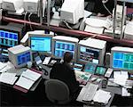 Back View of Person at Computers In Stock Market Trading Room