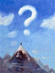 Illustration of Man Standing on Peak of Mountain, Looking at Question Mark Shaped Cloud