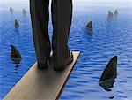 Businessman Standing on Plank With Sharks