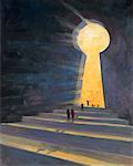 Illustration of People Walking Towards Keyhole and Light