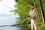 Man Fishing Long Pond, Belgrade Lakes Maine, USA