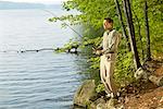 Man Fishing Long Pond, Belgrade Lakes Maine, USA