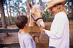 Mère et fils se nourrir des chevaux