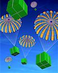 Parachutes with Boxes Falling From Sky