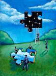 Illustration des Menschen setzen Jigsaw Puzzlespielstück Himmel