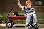 Boy and Puppy in Wagon