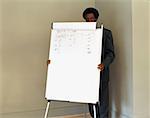 Businessman hiding behind flipchart