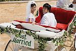 Bride and groom in horsedrawn carriage