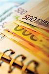Nahaufnahme der verschiedenen Euro-Banknoten auf ein Tagebuch