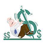 Side profile of a businessman hanging by a dollar sign