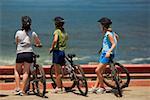Rear view of a group of cyclists looking at the Pacific Ocean, La Jolla, San Diego, California, USA