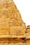 Vue d'angle faible de sculptures sur un temple, Jaisalmer, Rajasthan, Inde