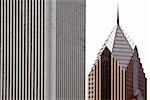 Gros plan des deux bâtiments en un tour de ville, Aon Center, Prudential Plaza, Chicago, Illinois, USA
