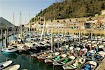 Vue d'angle élevé de bateaux ancrés dans le port dans un port de plaisance, Espagne