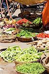 Vue grand angle de légumes dans un marché, Pushkar, Rajasthan, Inde