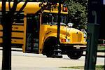 School bus parked on the street, Chicago, Illinois, USA