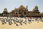 Menschen, die Fütterung von Tauben außerhalb eines Museums, Regierung Central Museum Jaipur, Rajasthan, Indien