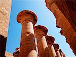 Vue d'angle faible de colonnes sculptées d'un temple, des Temples de Karnak, Louxor, Égypte