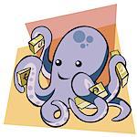Close-up of an octopus holding bundles of dollar bills