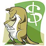Gros plan d'un kangourou, regardant vers le bas avec un signe de dollar en arrière-plan