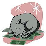 Gros plan d'un chat endormi sur les billets d'un dollar
