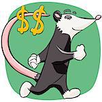 Side profile of a mouse walking with dollar signs hanging on its tail
