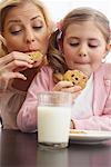 Mère et fille mangeant lait et biscuits