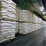 Sacks stacked in a warehouse